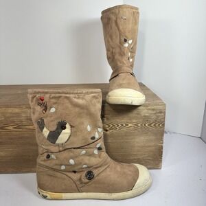 Roxy Delano Bird Applique Boots Womens SZ 8 Brown Faux Suede Fur Lined Indie Y2K
